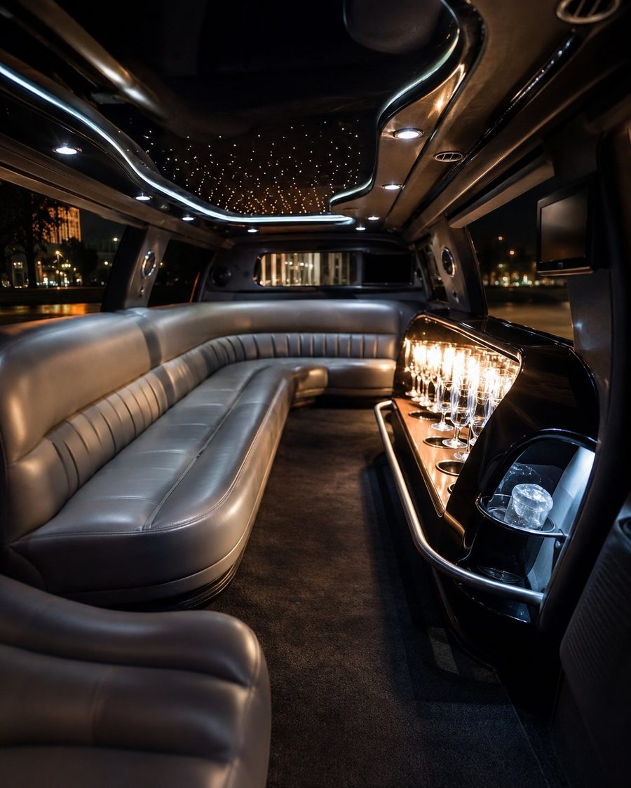 Black party bus interior with LED lighting Edmonton