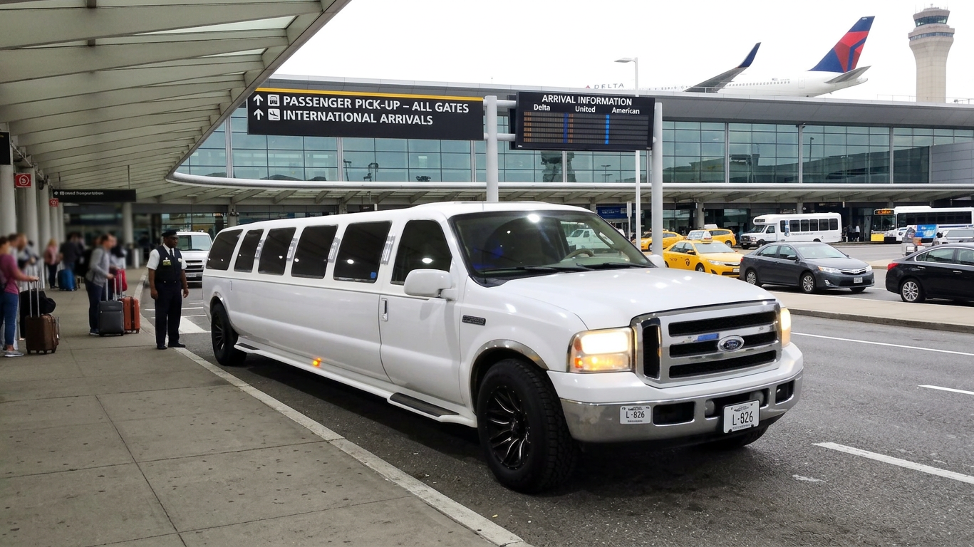 Corporate and airport limo service Edmonton — white stretch at airport